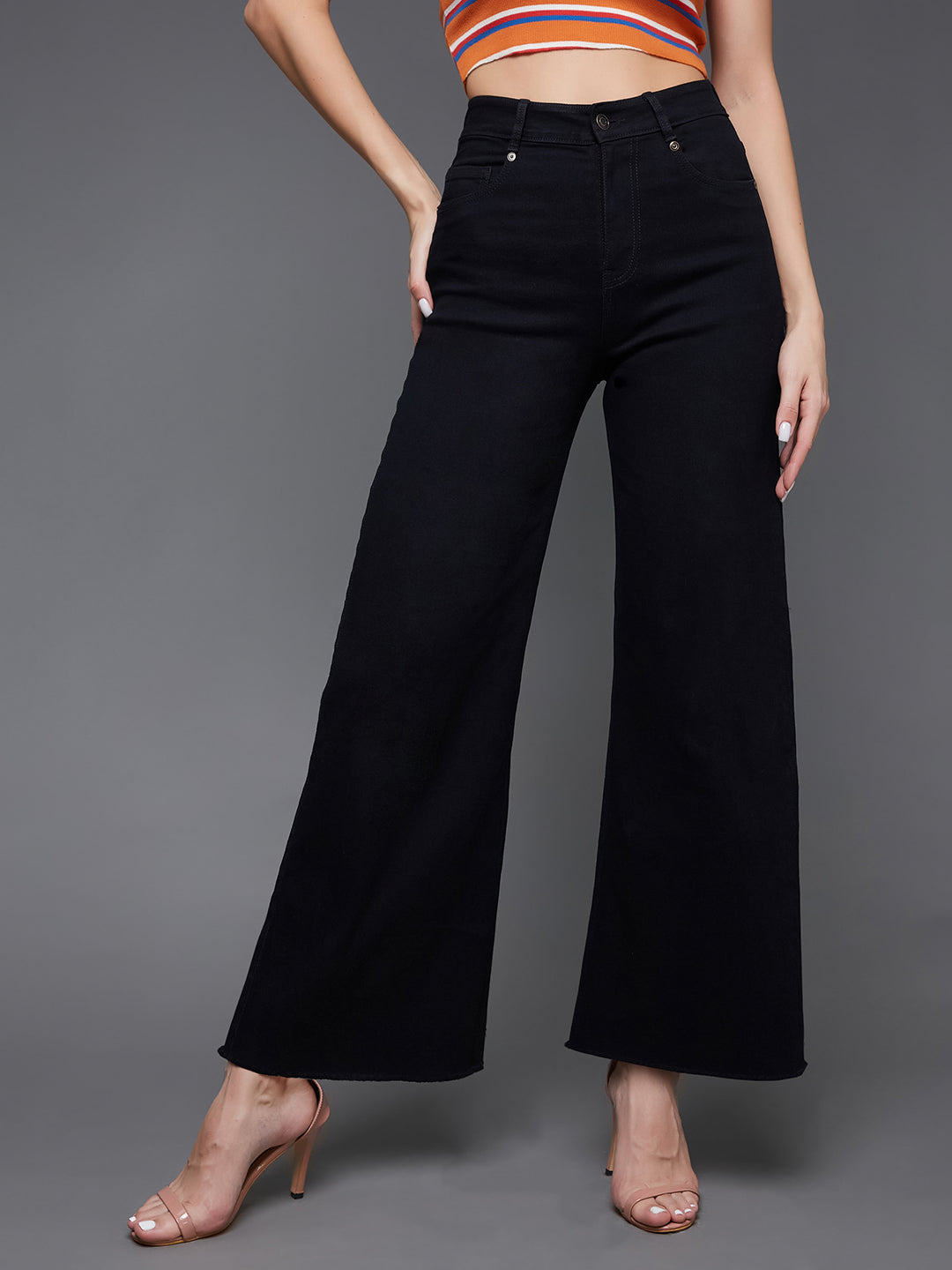 Women's Black High Rise Clean Look Regular-Length Stretchable Wide Leg Denim Jeans