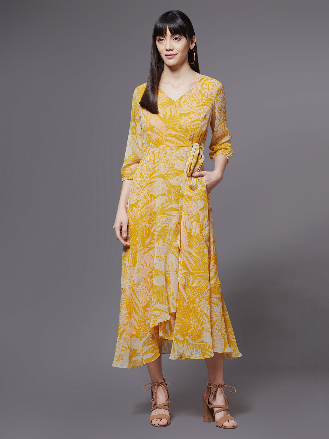 Women's Yellow & White V neck Full sleeve Floral Layered Maxi Dress