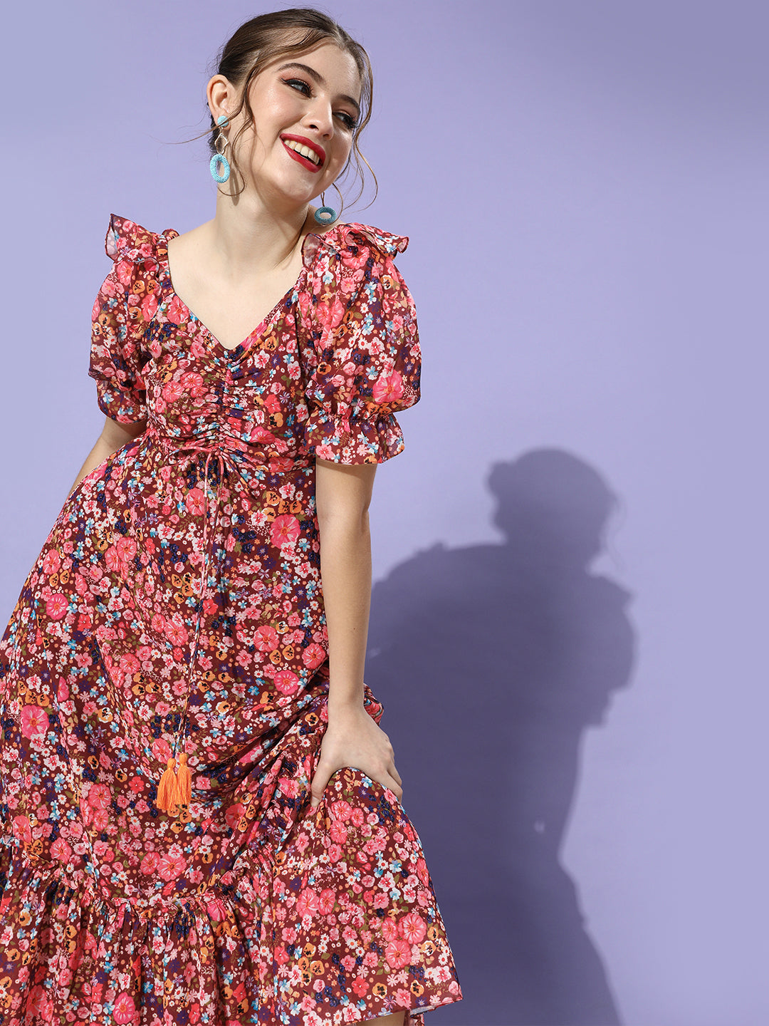Women's Multicolored-Base-Wine V-Neck Puff Sleeve Floral Ruching Ankle-Length Dress