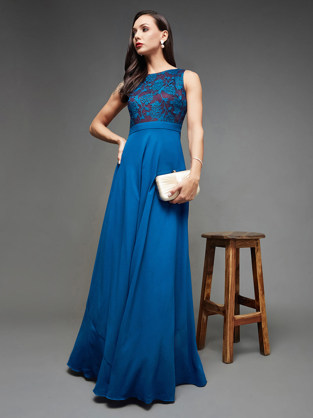 Women's Royal Blue Round Neck Sleeveless Georgette Floral Lace Fit & Flare Maxi Dress