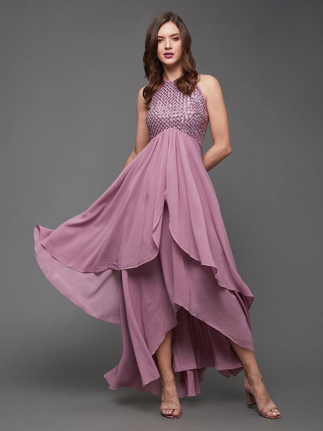 Women's Dusty Lavender Georgette Halter Neck Sleeveless Embellished Layered Maxi Dress