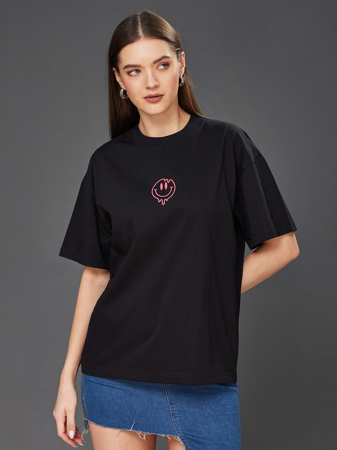 Women's Black Round Neck Half-Sleeve Conversational-Printed Regular-Length Oversized Cotton T-Shirt