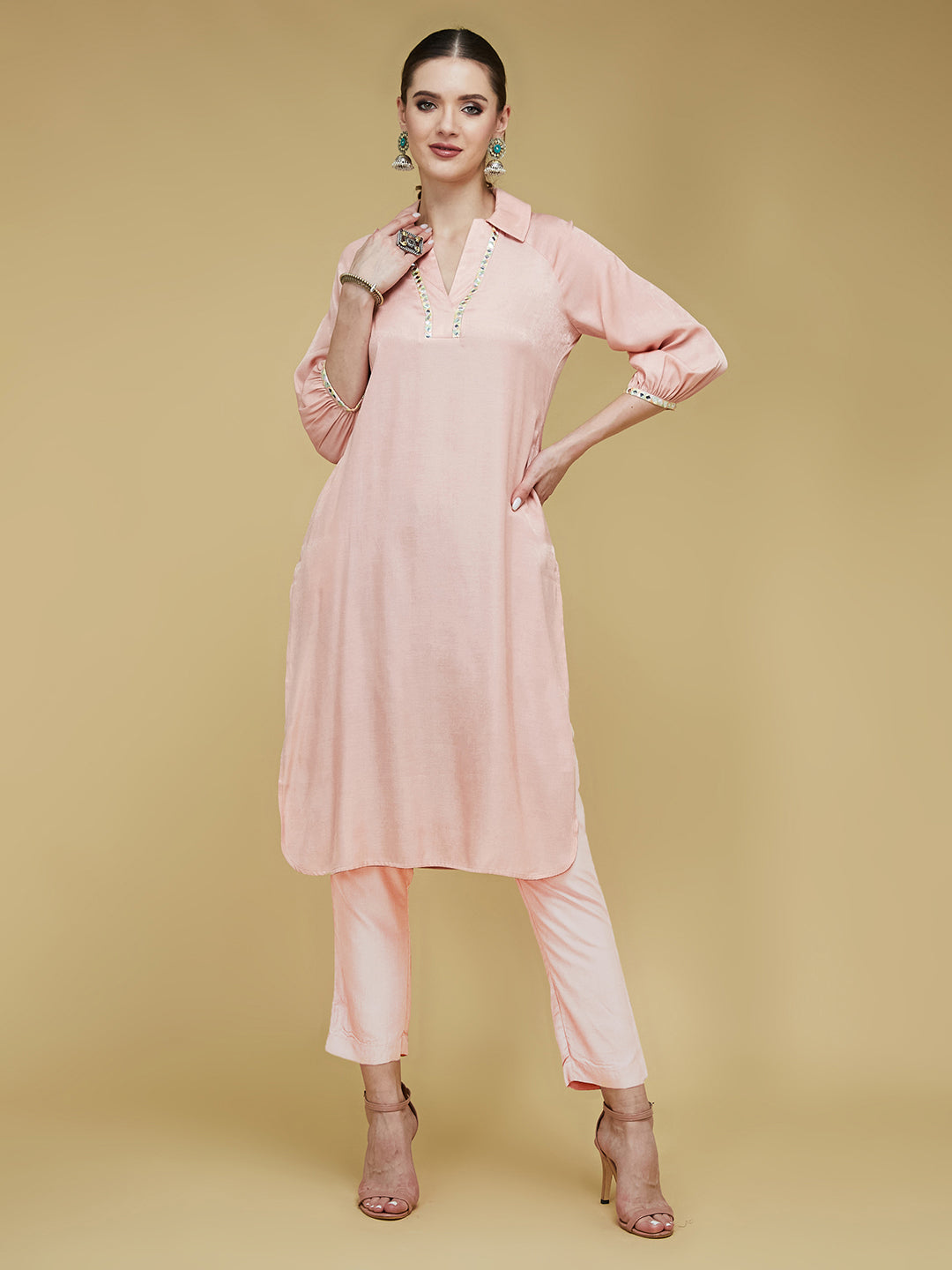 Women's Peach Colored Shirt Collar Full Sleeve Solid Raglan Knee-Long Polyester Kurta