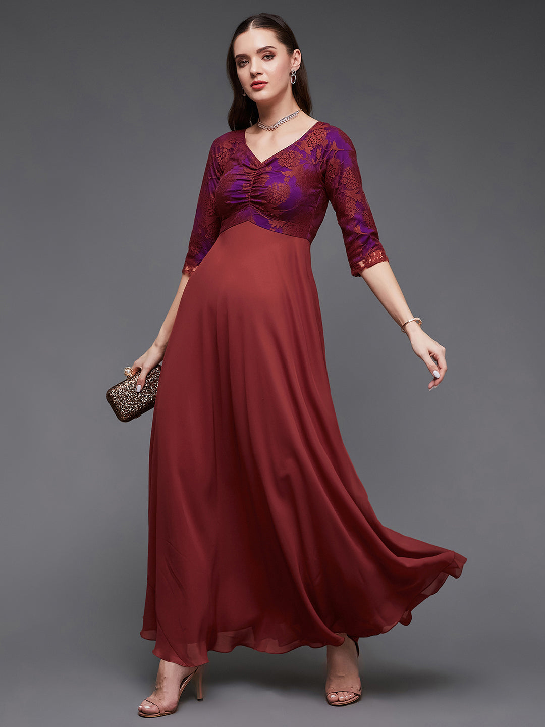 Women's Brick Red Sweet heart neck 3/4 Sleeve Self Design Fit & Flare Maxi Dress