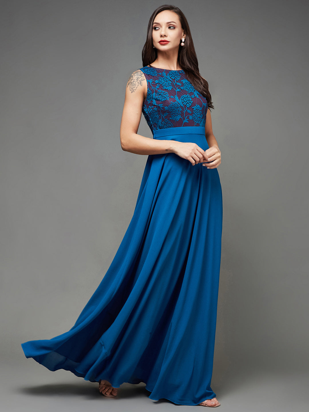 Women's Royal Blue Round Neck Sleeveless Georgette Floral Lace Fit & Flare Maxi Dress