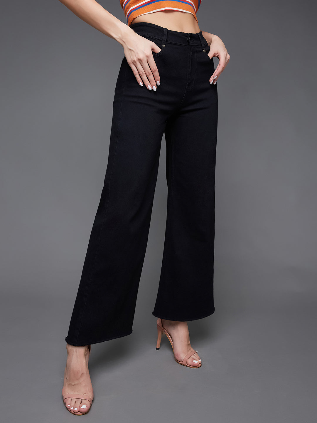 Women's Black High Rise Clean Look Regular-Length Stretchable Wide Leg Denim Jeans