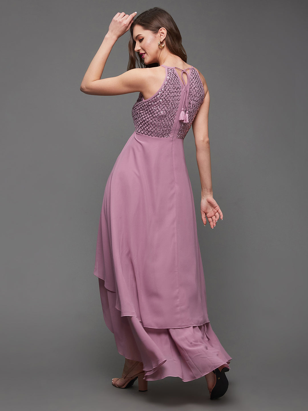 Women's Dusty Lavender Georgette Halter Neck Sleeveless Embellished Layered Maxi Dress