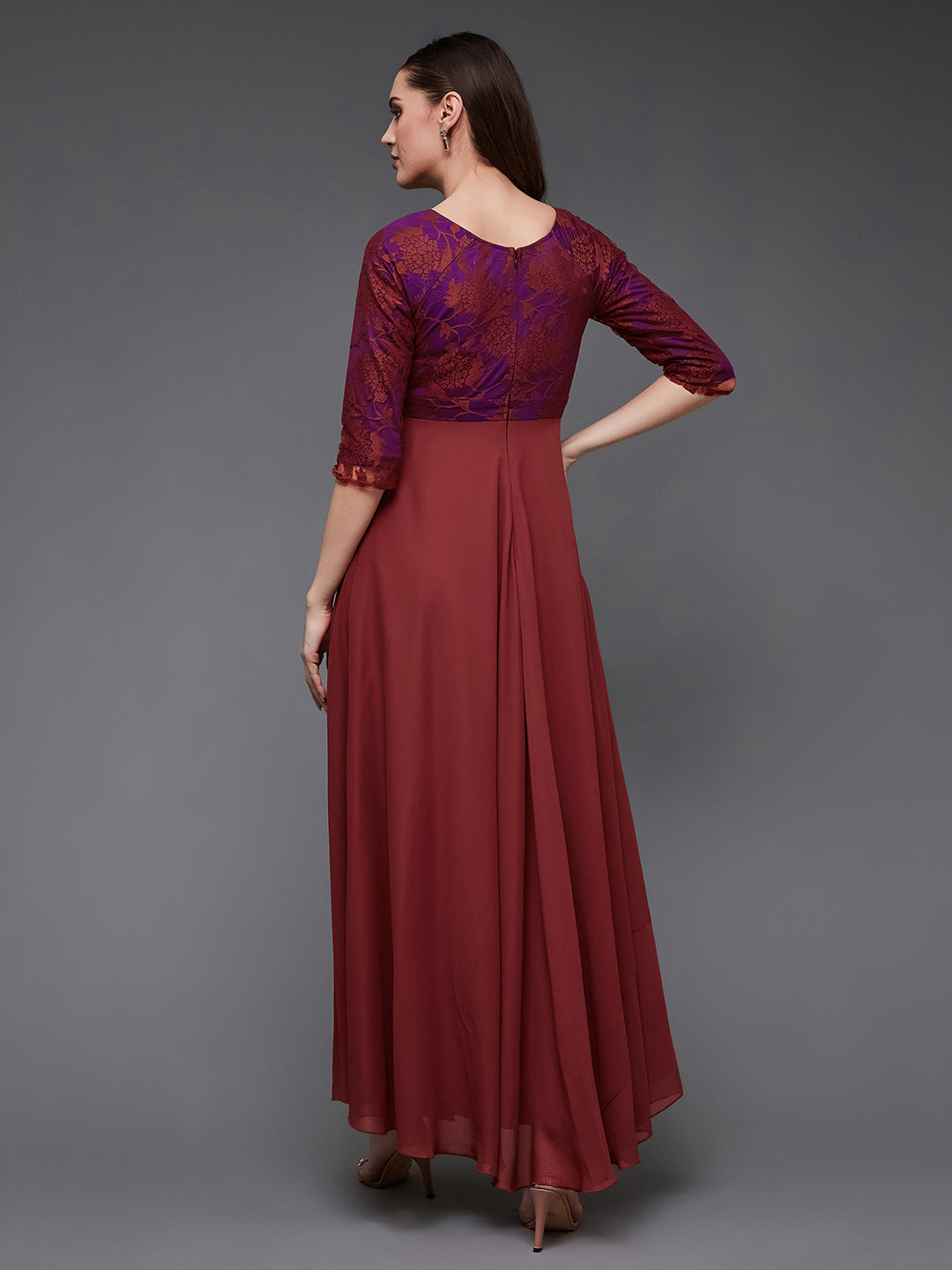 Women's Brick Red Sweet heart neck 3/4 Sleeve Self Design Fit & Flare Maxi Dress