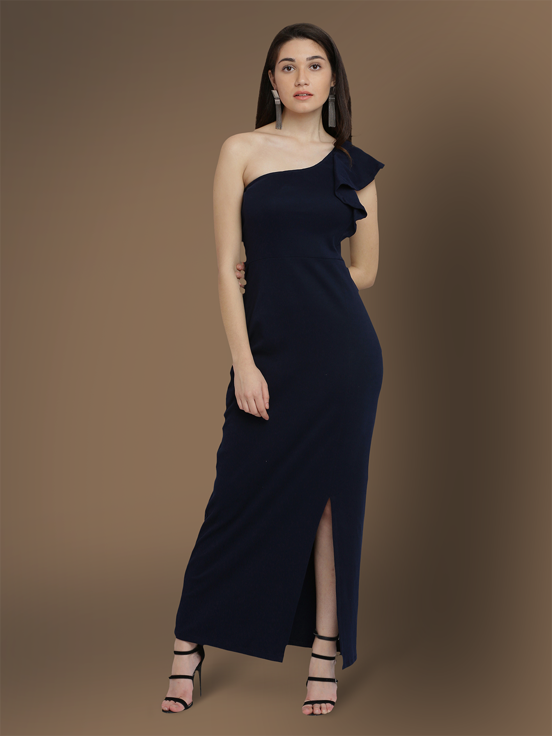 Women's Navy Blue Solid One Shoulder Sleeveless Ruffled Maxi Dress