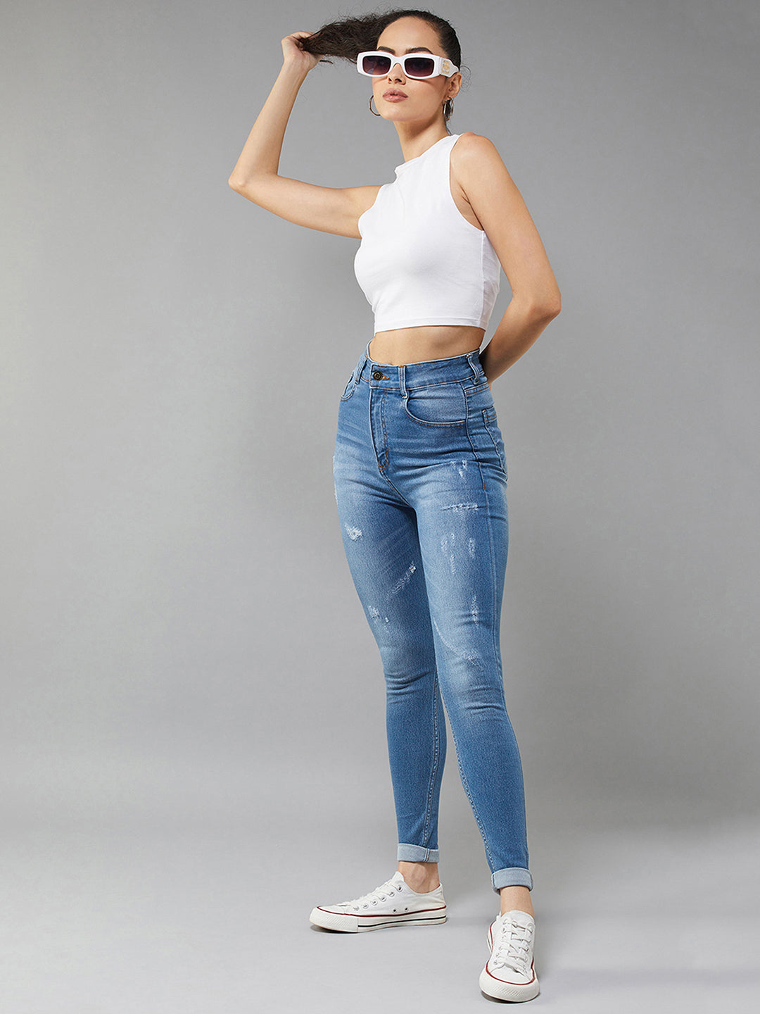 Women's Blue Skinny High Rise Mild Distress Regular Stretchable Denim Jeans