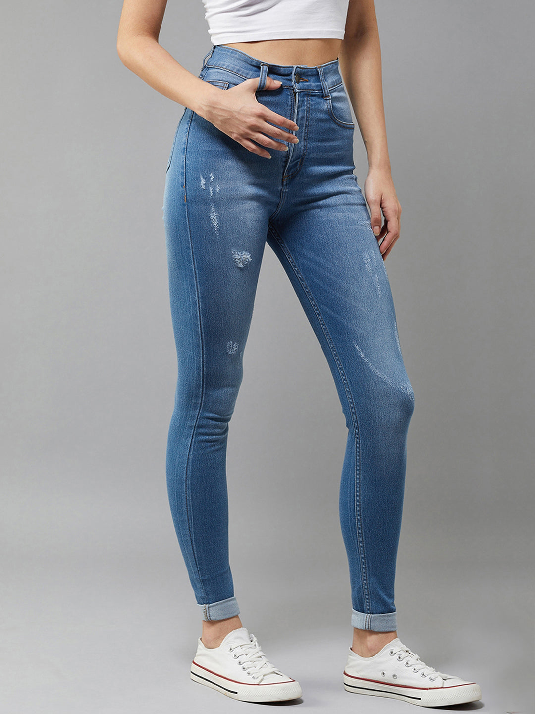 Women's Blue Skinny High Rise Mild Distress Regular Stretchable Denim Jeans