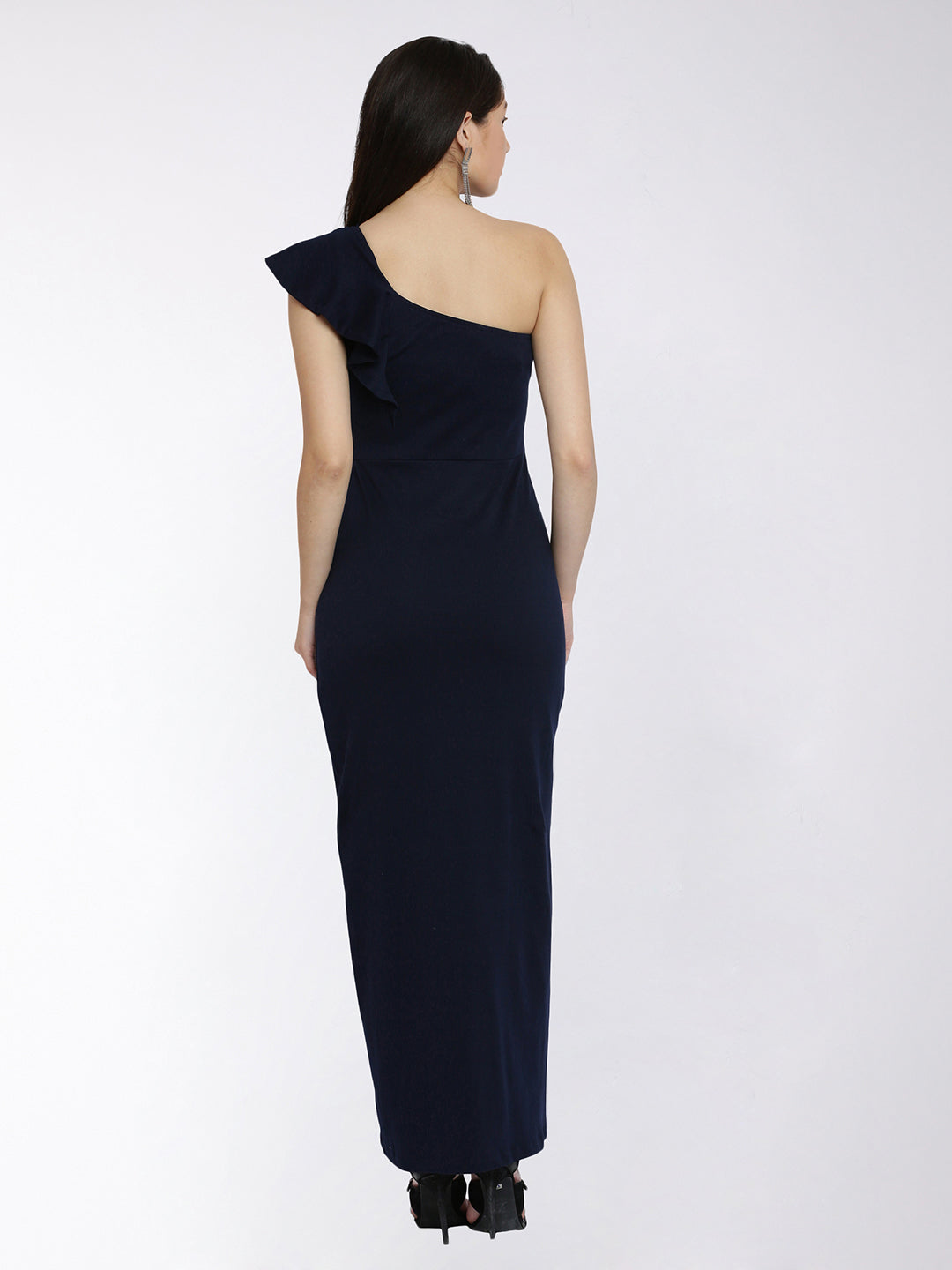 Women's Navy Blue Solid One Shoulder Sleeveless Ruffled Maxi Dress
