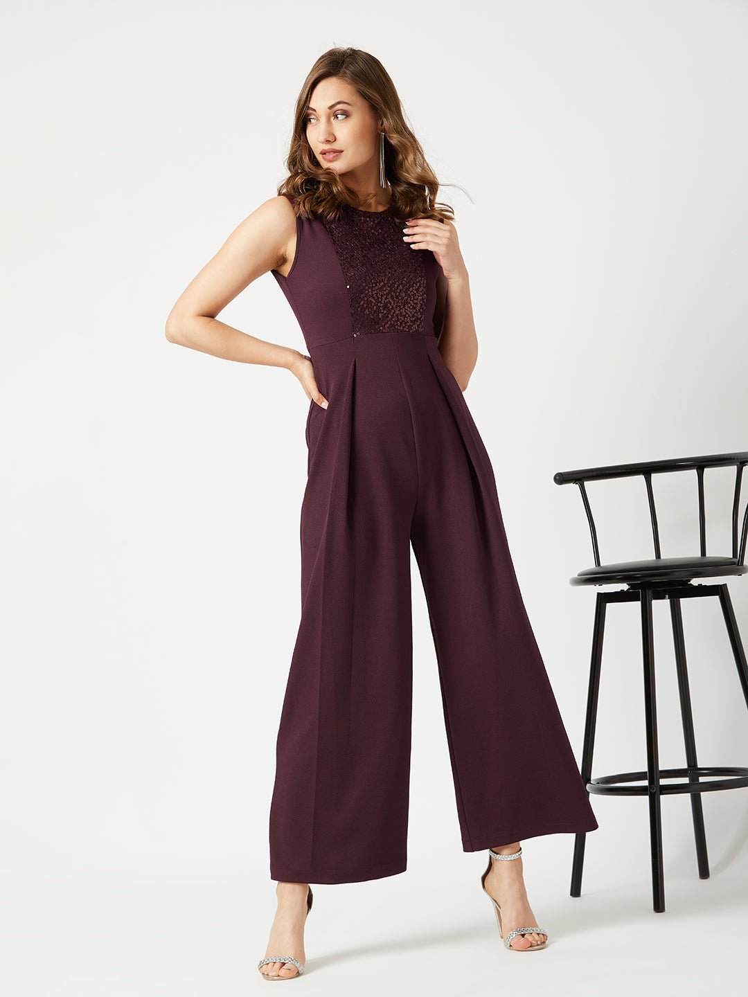 Women's Wine Color Halter Neck Sleeveless Solid Pleated Wide Leg Sequin Paneled Regular Length Jumpsuit