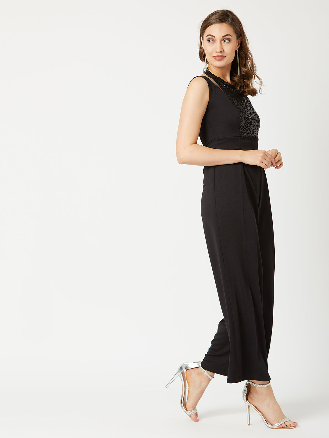 Women's Black Halter Neck Sleeveless Solid Pleated/Wide Leg Sequin Paneled Regular Length Jumpsuit