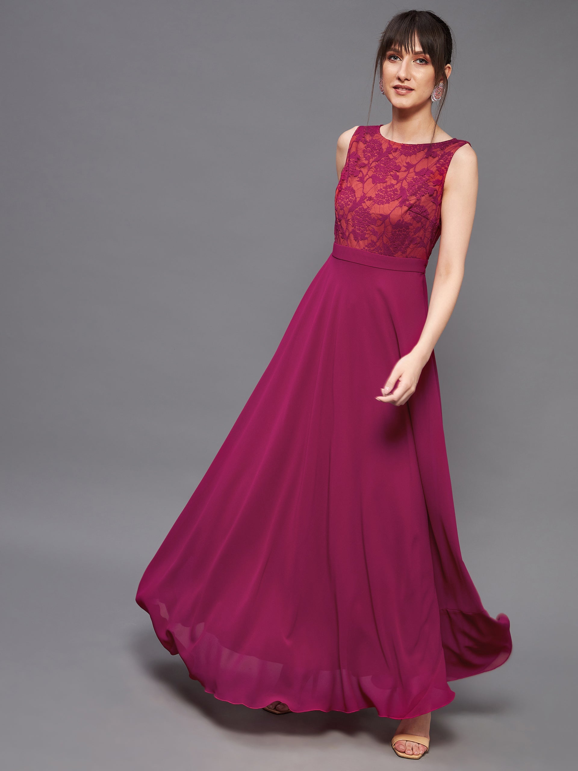 Women's Dark Pink & Rust Boat Neck Sleeveless Self Design Lace Overlaid Regular Dress