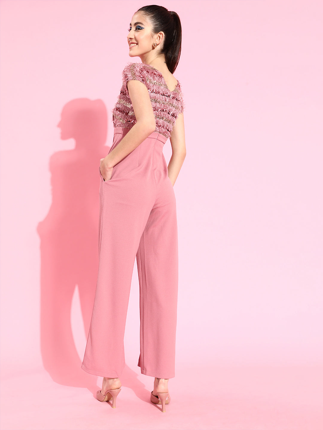 Women's Dusty Pink Embellished Regular Jumpsuit