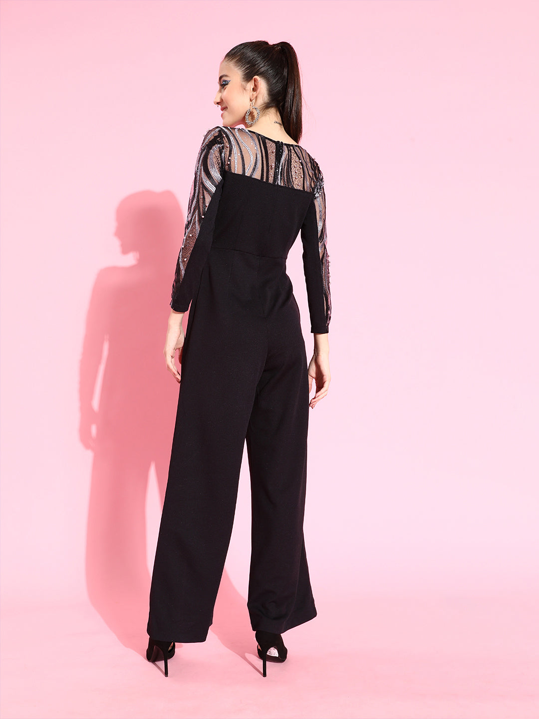 Women's Black And Silver Embroidered Regular Jumpsuit