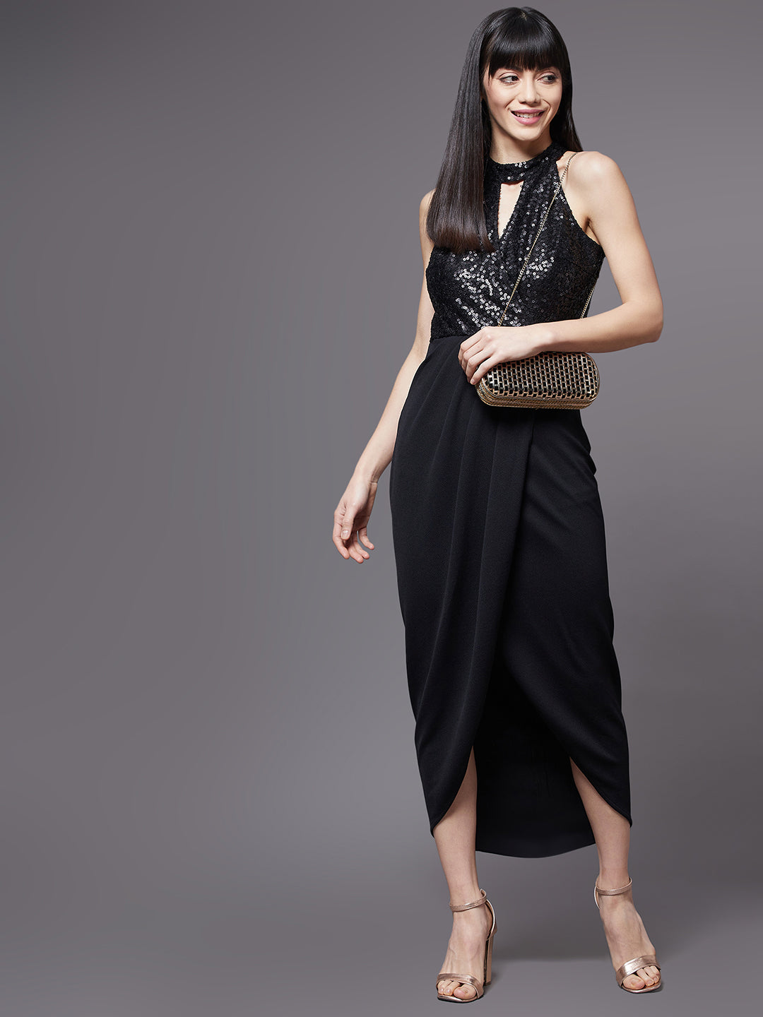 Women's Black Halter Neck Sleeveless Solid Embellished Midi Dress