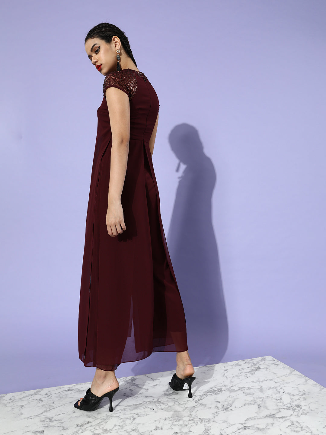 Women's Wine Solid Regular Length Round Neck Raglan Short Sleeves Sequin Panel Layered Embellished Jumpsuit